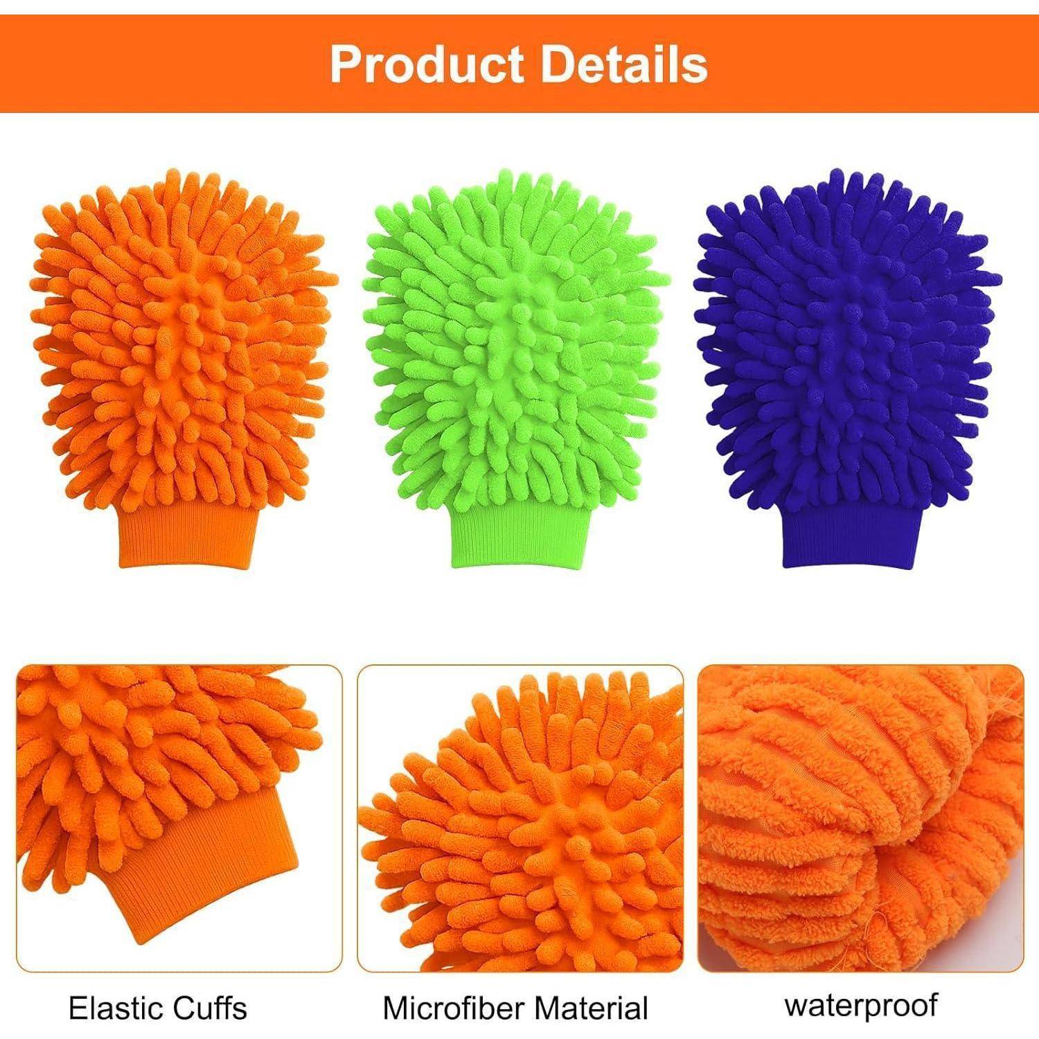 Produktdetailbild mit drei Mikrofaser-Reinigungshandschuhen in Orange, Grün und Blau, mit Nahaufnahmen, die elastische Bündchen, Mikrofaser-Textur und wasserdichtes Material hervorheben.