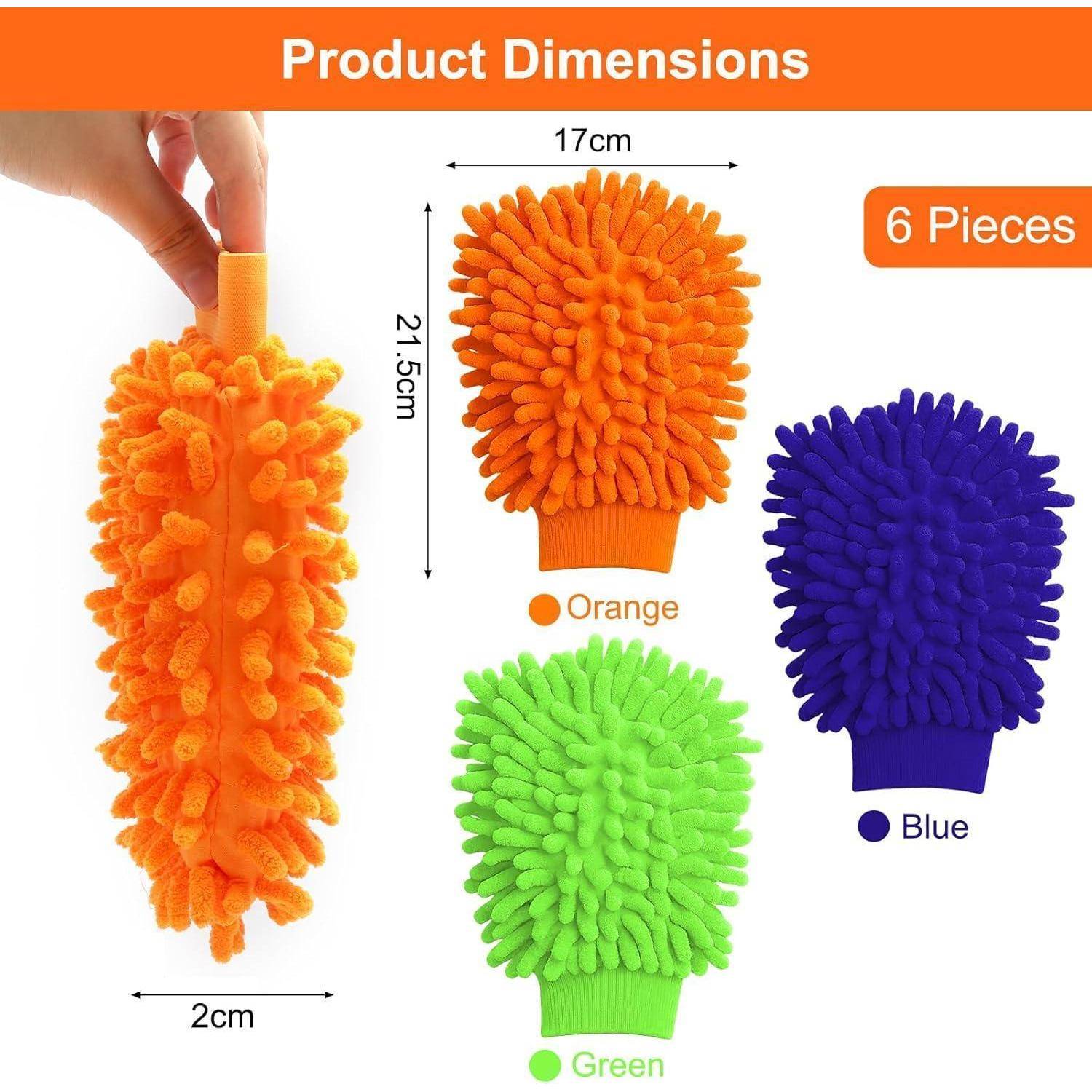 Produktabmessungen für einen Mikrofaser-Reinigungshandschuh: 21,5 cm hoch, 17 cm breit, 2 cm dick. In Orange, Blau und Grün erhältlich; Set enthält 6 Stück.