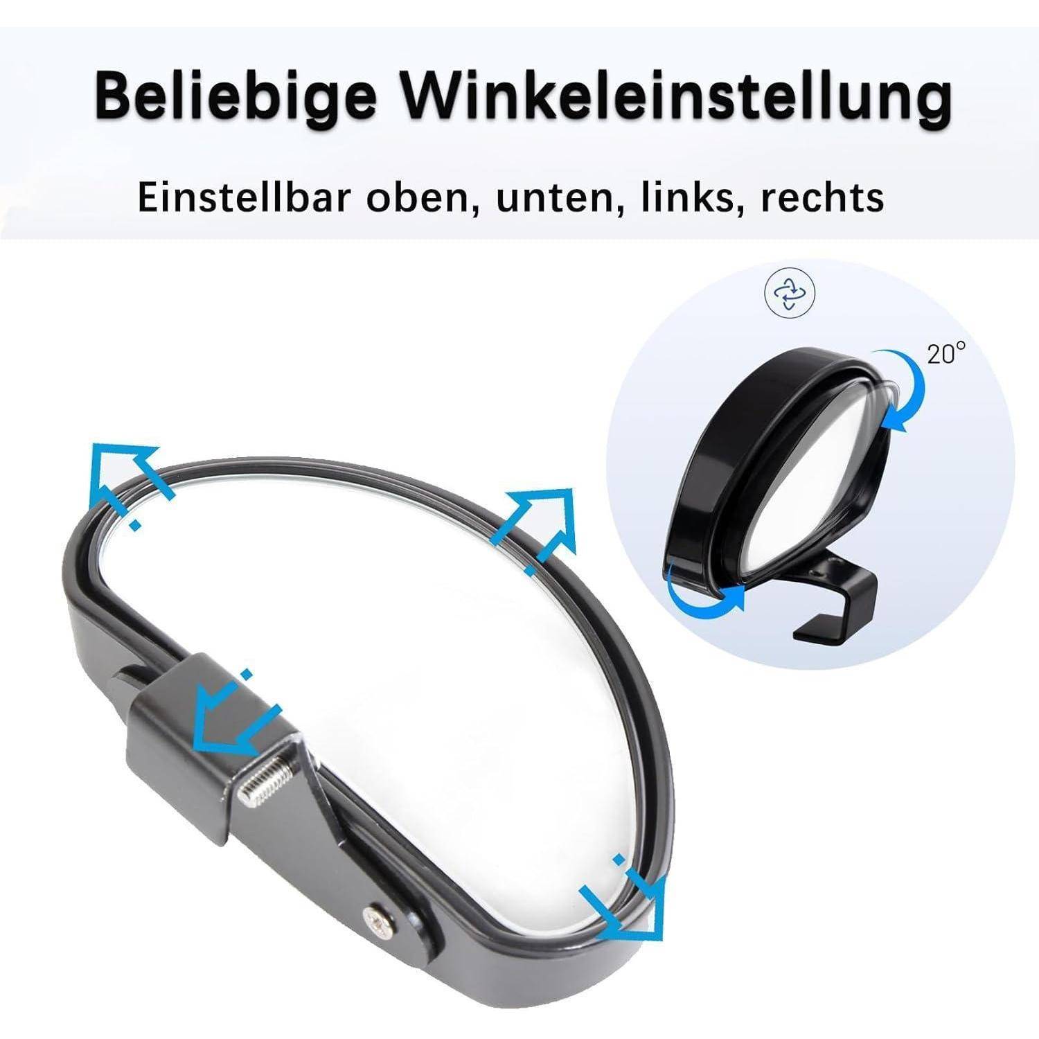 Verstellbarer Kopflampenriemen mit Pfeilen, die die Positionierung in beliebigen Winkeln anzeigen; deutscher Text sagt „Beliebige Winkeleinstellung