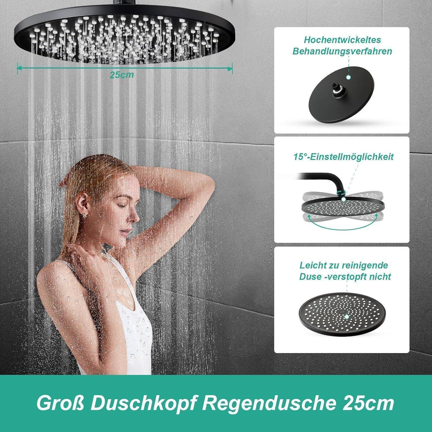 Regenbrausekopf in Gebrauch über einer duschenden Frau; beschriftet mit 25-cm-Brausekopf mit verstellbarem Winkel und leicht zu reinigenden Düsen.