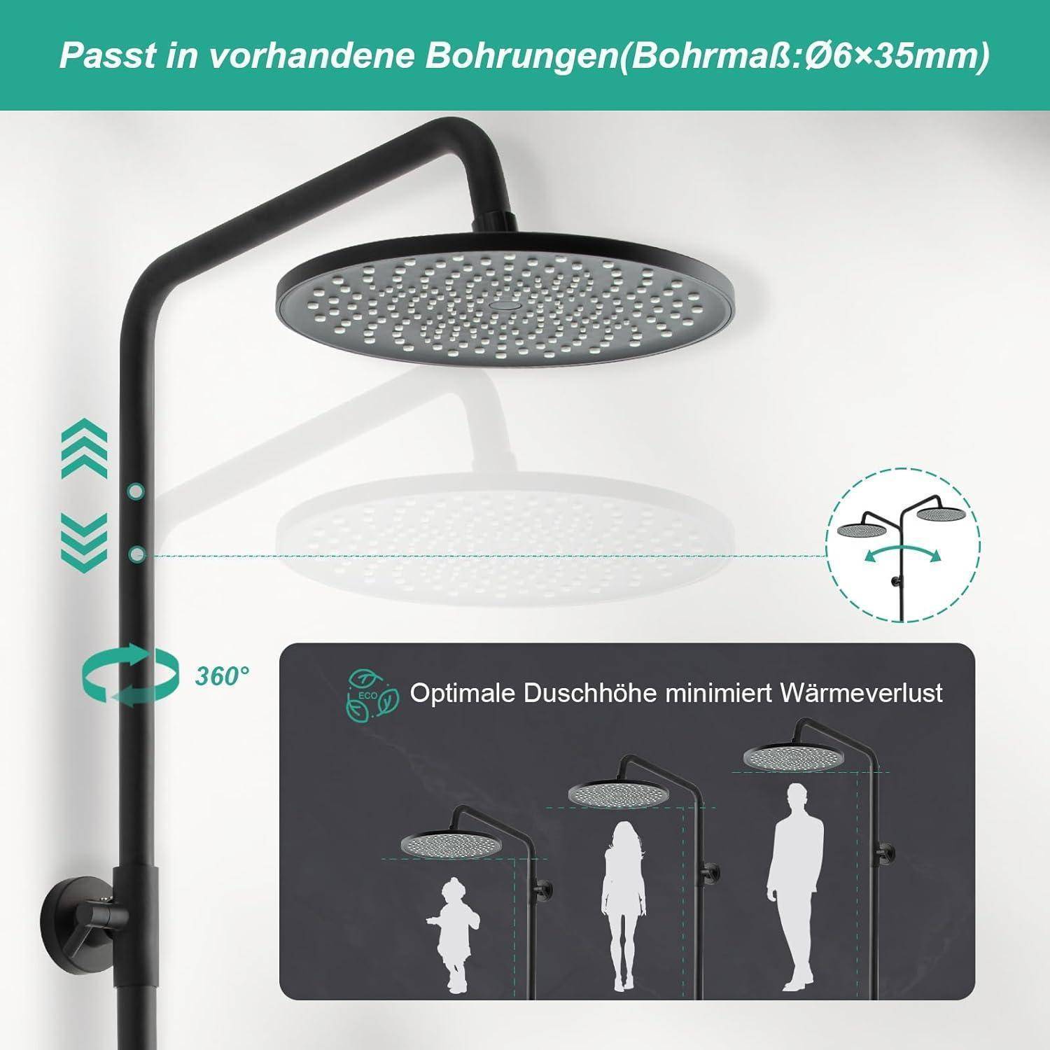 Marketinggrafik eines verstellbaren Duscharmatursystems mit rundem Regenduschkopf an einem schwarzen Arm mit Höhenverstellung und 360°-Rotation; der Text besagt, dass es in vorhandene Bohrungen passt und die optimale Duschhöhe den Wärmeverlust reduziert.