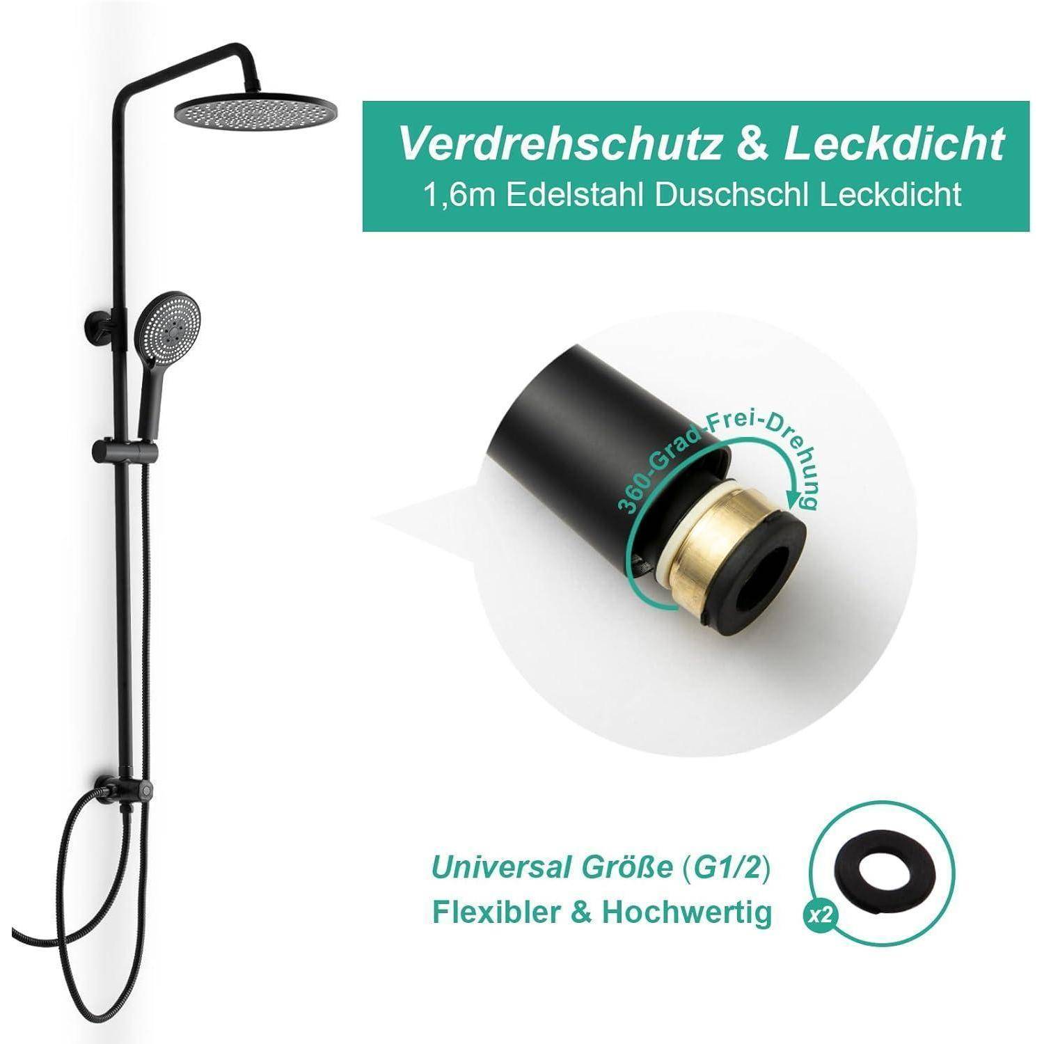 Schwarzes Duschasystem mit Regendusche und Handbrause; deutscher Text hebt dichte und verdrehungssichere 1,6 m Edelstahlschlauch, 360°-Rotation, G1/2 Universalgröße und zwei Unterlegscheiben hervor.
