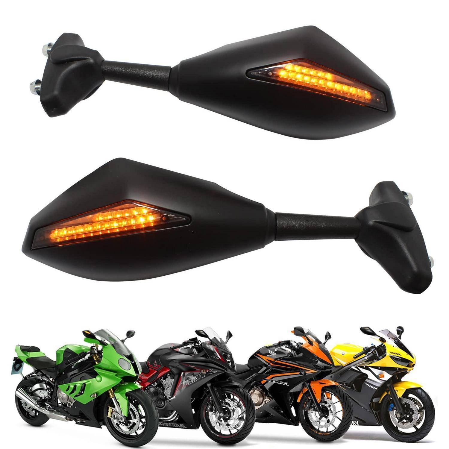 Paar schwarzer Motorrad-LED-Blinkerspiegel, gezeigt mit vier Sportmotorrädern in Grün, Schwarz, Orange und Gelb darunter.