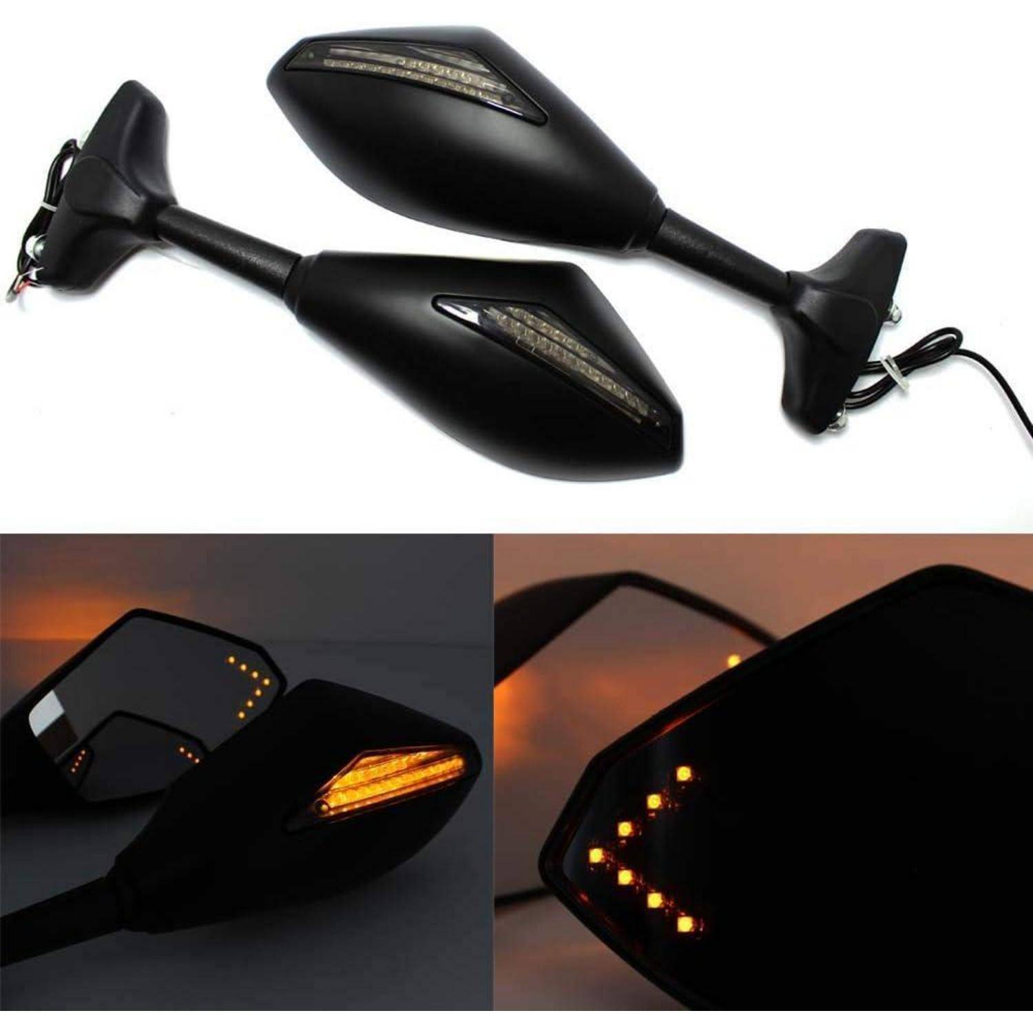 Schwarze Motorrad-Seitenspiegel mit integrierten bernsteinfarbenen LED-Blinkern, gezeigt und beleuchtet in detaillierten Produktfotos.