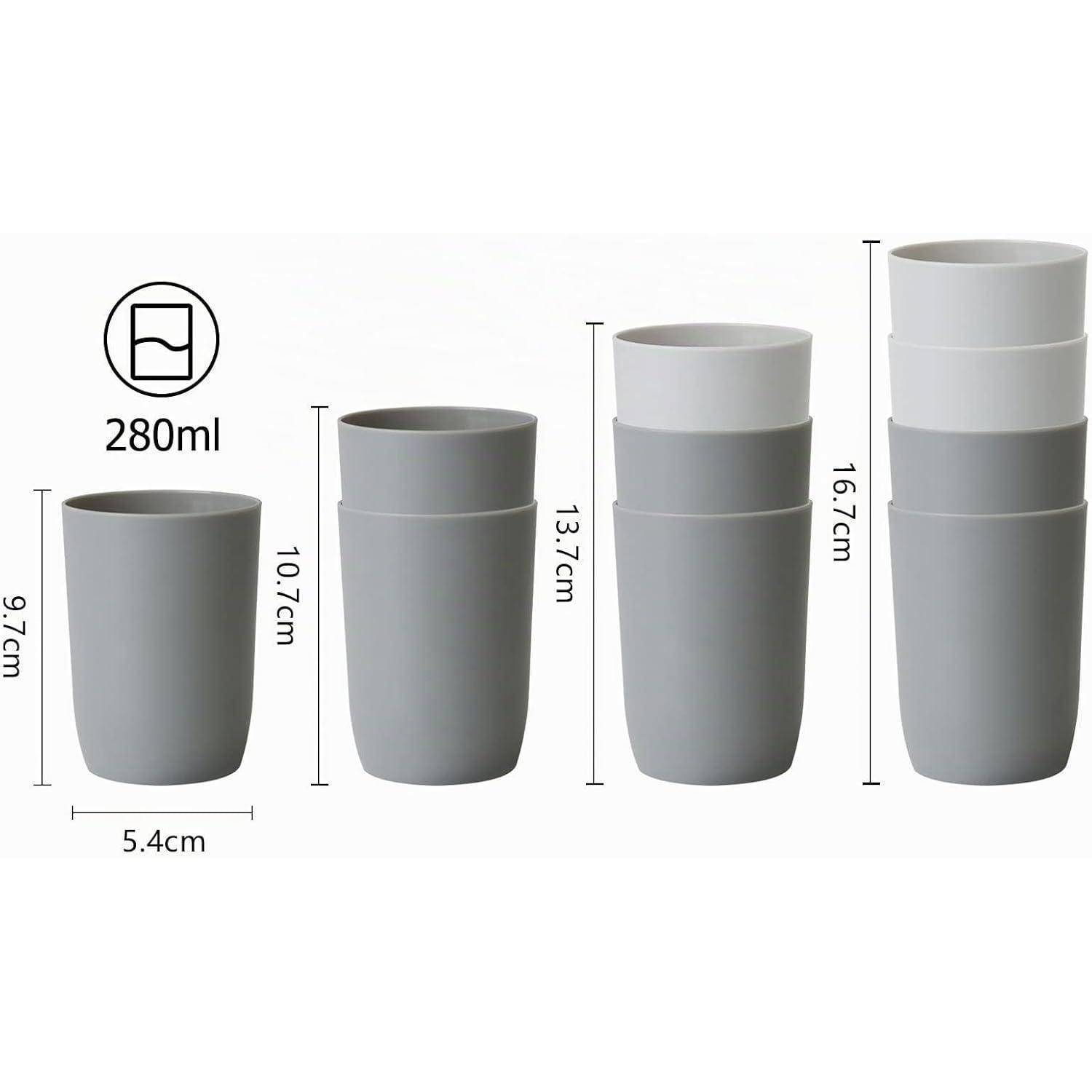 Produktbild von gestapelten grauen Bechern, die stapelbare Größenoptionen zeigen; gekennzeichnet mit 280 ml und Höhen von 9,7 cm, 10,7 cm, 13,7 cm und 16,7 cm, mit 5,4 cm Breite.