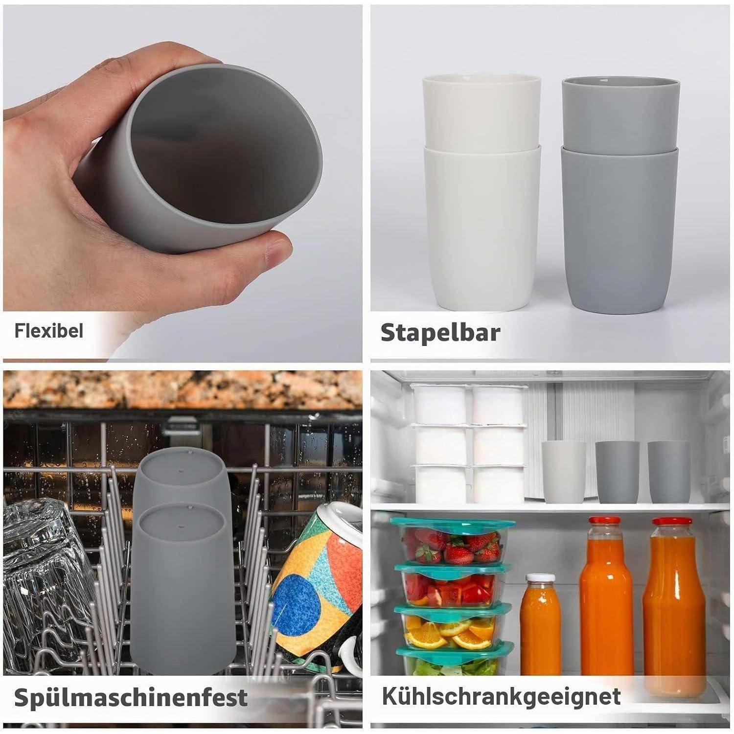 Collage eines flexiblen grauen zusammenklappbaren Bechers, das zeigt, dass er stapelbar, spülmaschinenfest und für die Lagerung im Kühlschrank geeignet ist.