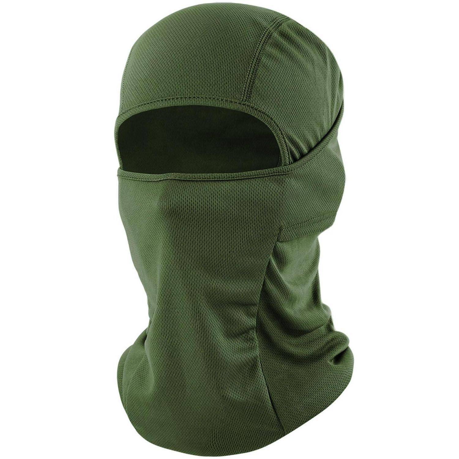 Grüne Skimaske mit Gesichtsloch und einzelner Öffnung für die Augen, vor weißem Hintergrund dargestellt.