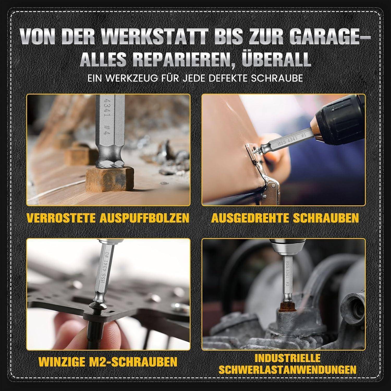 Deutsches Werbegrafik zeigt ein Multi-Bit-Reparaturwerkzeug, das verrostete Abgasschrauben, beschädigte Schrauben, winzige M2-Schrauben und robuste Industriefastenersysteme handhabt.