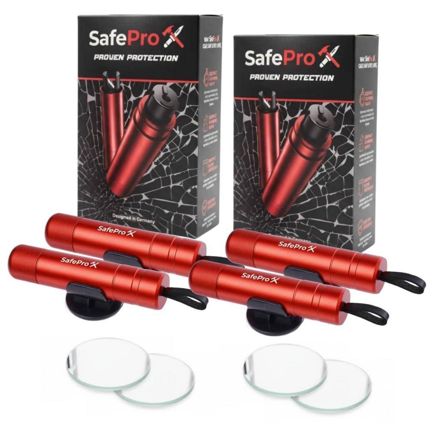 Vier rote SafePro Selbstverteidigungsal-Taschenlampen mit Handgelenkschlaufen, gezeigt mit zwei Produktboxen und vier runden Glascheiben.