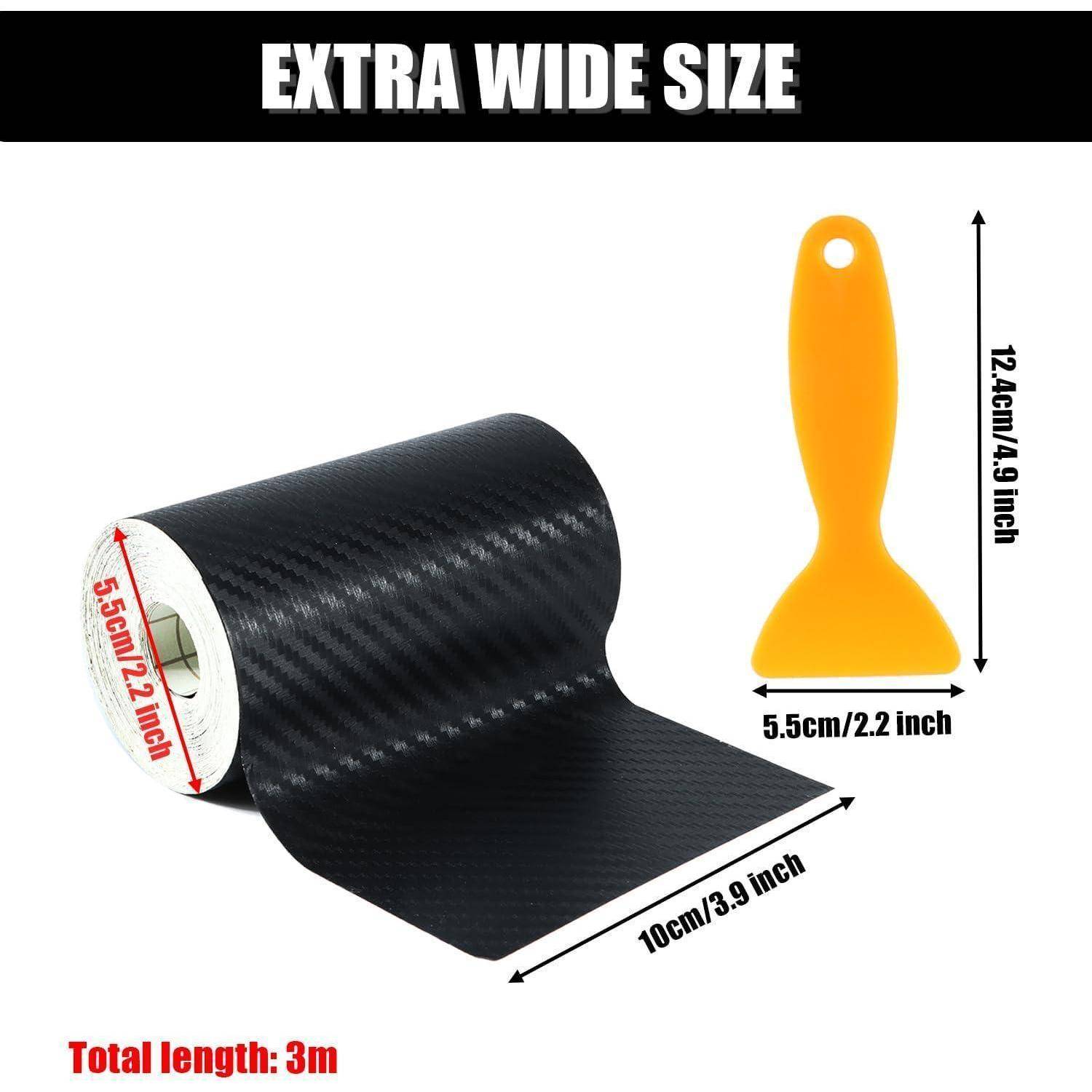 Produktbild zeigt extra breite schwarze strukturierte Rolle und orangefarbigen Applikator mit beschrifteten Abmessungen: Rolle 5,5 cm breit, 10 cm lang, Gesamtlänge 3 m, Applikator 12,4 cm mal 5,5 cm.