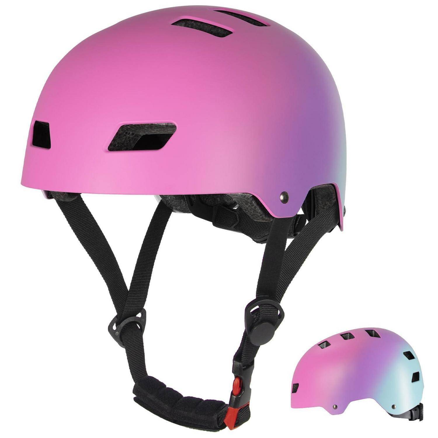 Rosa Kinderhelm für Sicherheit mit schwarzen Kinnriemen, gezeigt in Seiten- und Hinteransicht, mit Belüftungsschlitzen und rosa-blauem Farbverlauf-Design.