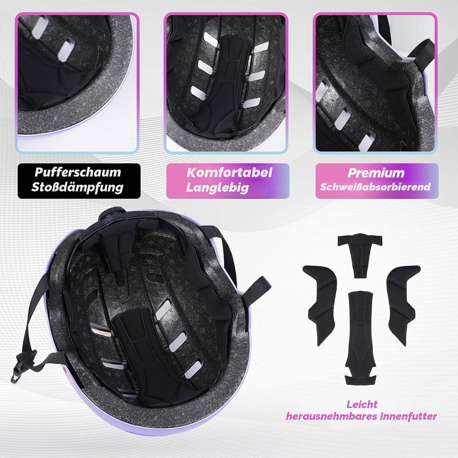 Fahrradhelm-Innenseite mit abnehmbarem schwarzem Polster, das Komfort, Schweißabsorption, Stoßdämpfung und leichte innere Auskleidungsteile zeigt.