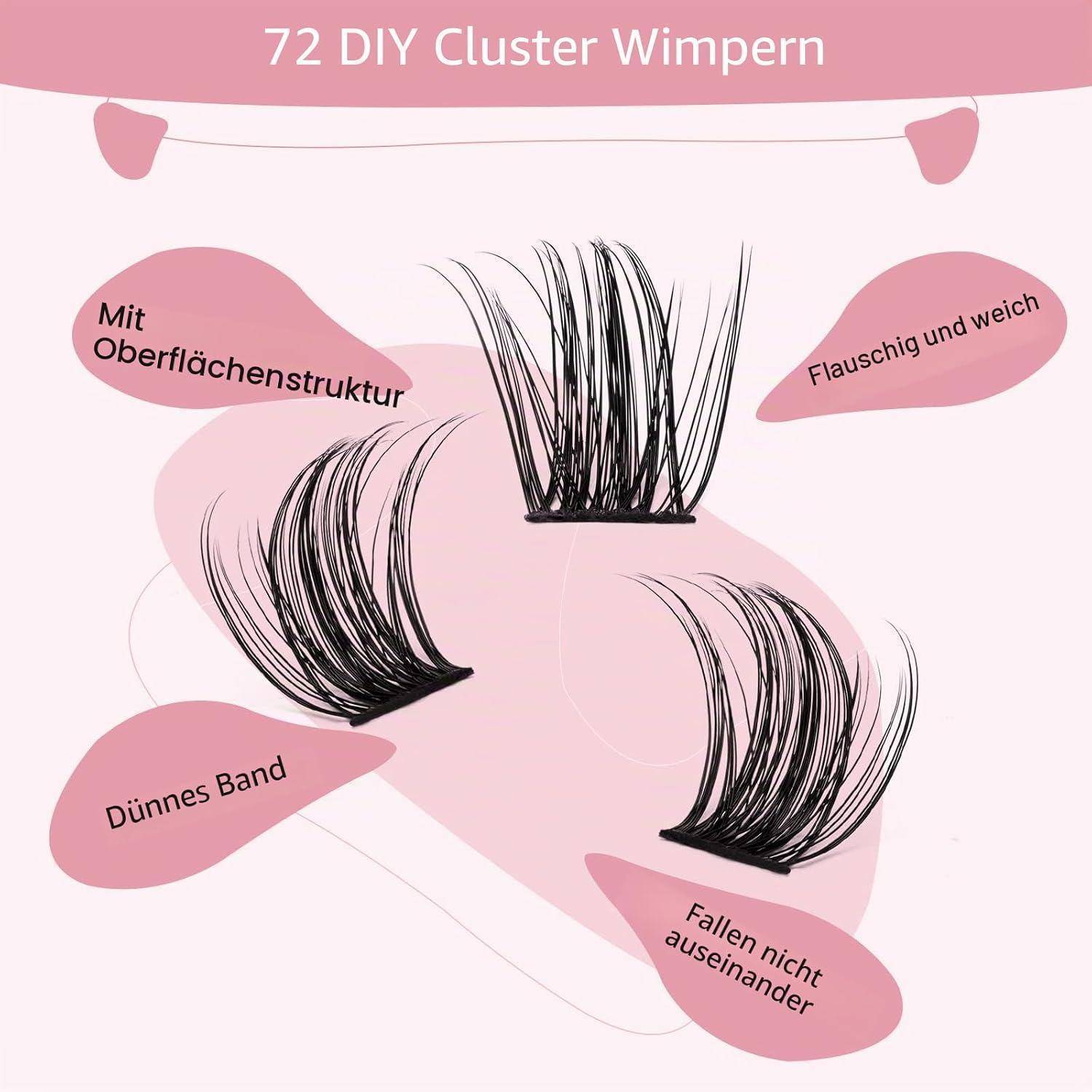 Produktanzeige mit drei Paar schwarzen Cluster-Wimpern auf rosa Hintergrund, beschriftet mit „72 DIY Cluster Wimpern