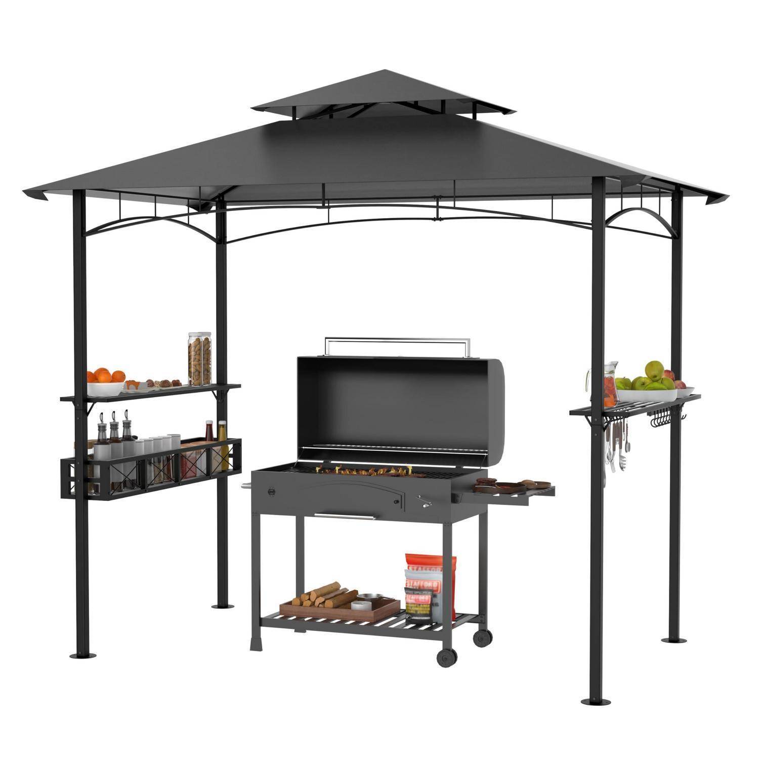Outdoor-Pavillon mit einem zentralen Holzkohlengrill, Regalen für Lebensmittel und Vorräte sowie einer seitlichen Arbeitsfläche auf einem fahrbaren Wagen.