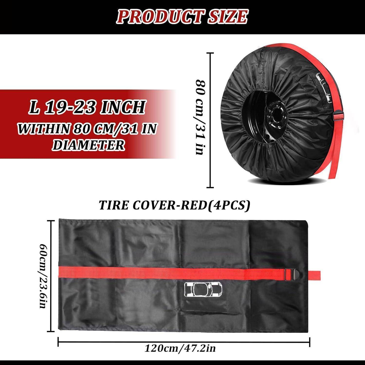 Produktgrößendiagramm für Reifenabdeckung: passt auf L 19-23 Zoll Reifen mit 80 cm/31 Zoll Durchmesser; Abdeckung misst 120 cm/47,2 Zoll mal 60 cm/23,6 Zoll; rot, 4 Stück.