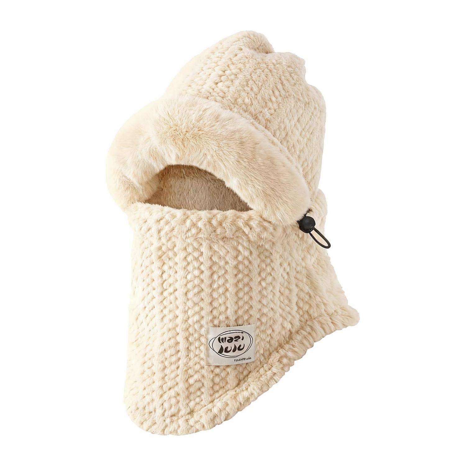 Beige Fleece-Sturmhaube mit Gesichtsöffnung und Kordelzugverschluss, gezeigt auf weißem Hintergrund.