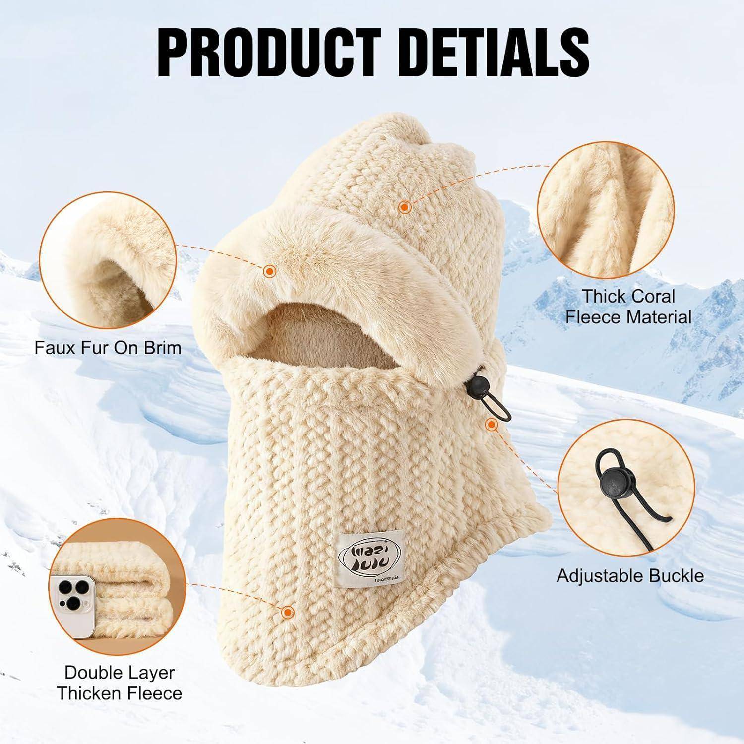 Produktdetailbild einer cremefarbenen Strickmütze/Skimaske für den Winter mit Kunstfelzrand, dicker Korallenfleece, doppellagiger Fleece und verstellbarem Verschluss.