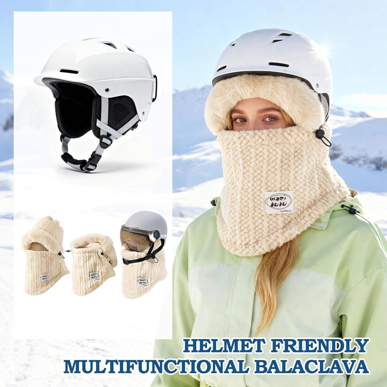 Helmkompatible multifunktionale Sturmhaube mit weißem Skihelm, gezeigt an einem Modell in schneebedeckter Umgebung und in Produktansichten, bedeckt Kopf und Gesicht für die Kältenutzung.