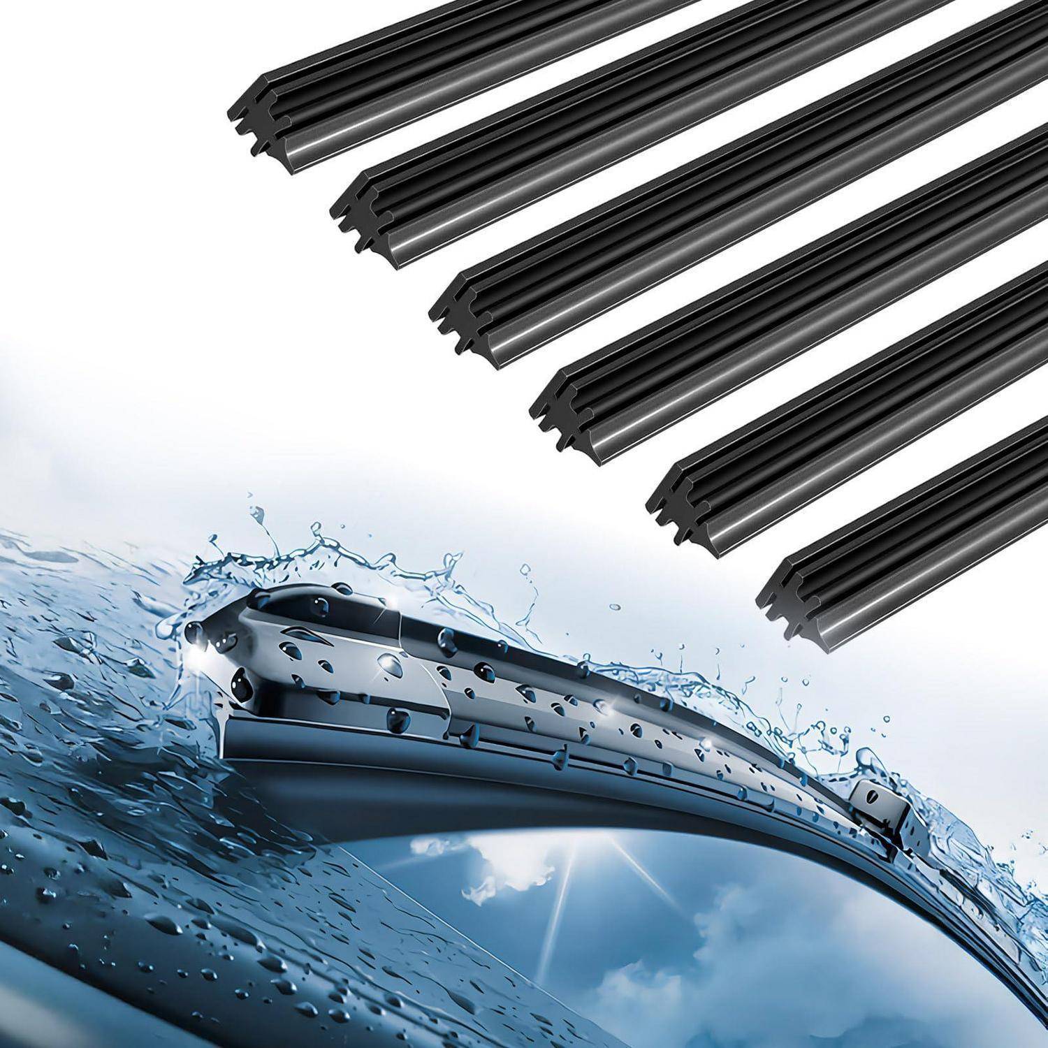 Schwarze Scheibenwischer werden oben auf einer Autoscheibe gezeigt und schneiden durch Regen und Spritzwasser, wobei die wetterbeständige Sichtbarkeit betont wird.