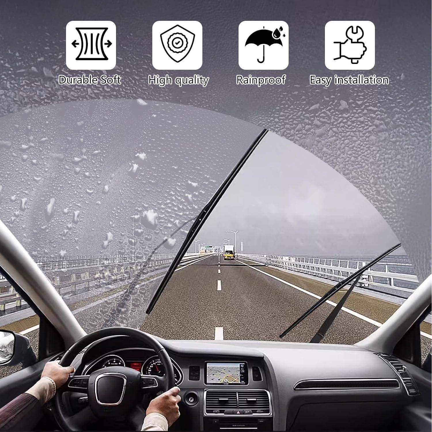 Autoscheiben-Regenschutzfolie von innen in einem Fahrzeug gezeigt, mit Scheibenwischern, die Regen abwischen, und Symbolen, die Langlebigkeit, hohe Qualität, Wasserdichtheit und einfache Installation hervorheben.