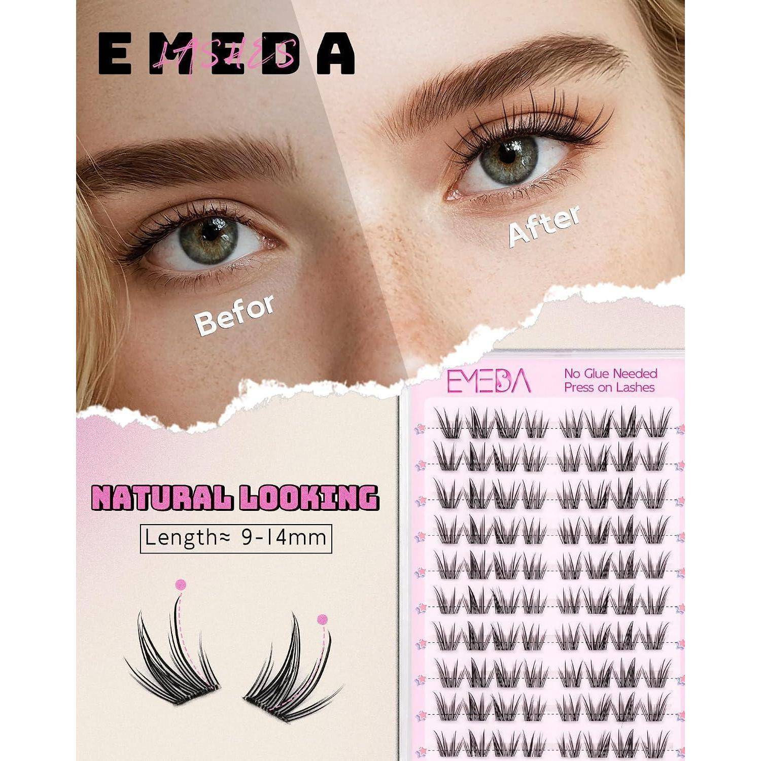 Vorher-und-Nachher-Augenfoto, das natürlich aussehende Wimpern von EYEDA bewirbt, 9-14 mm Länge, kein Kleber erforderlich.
