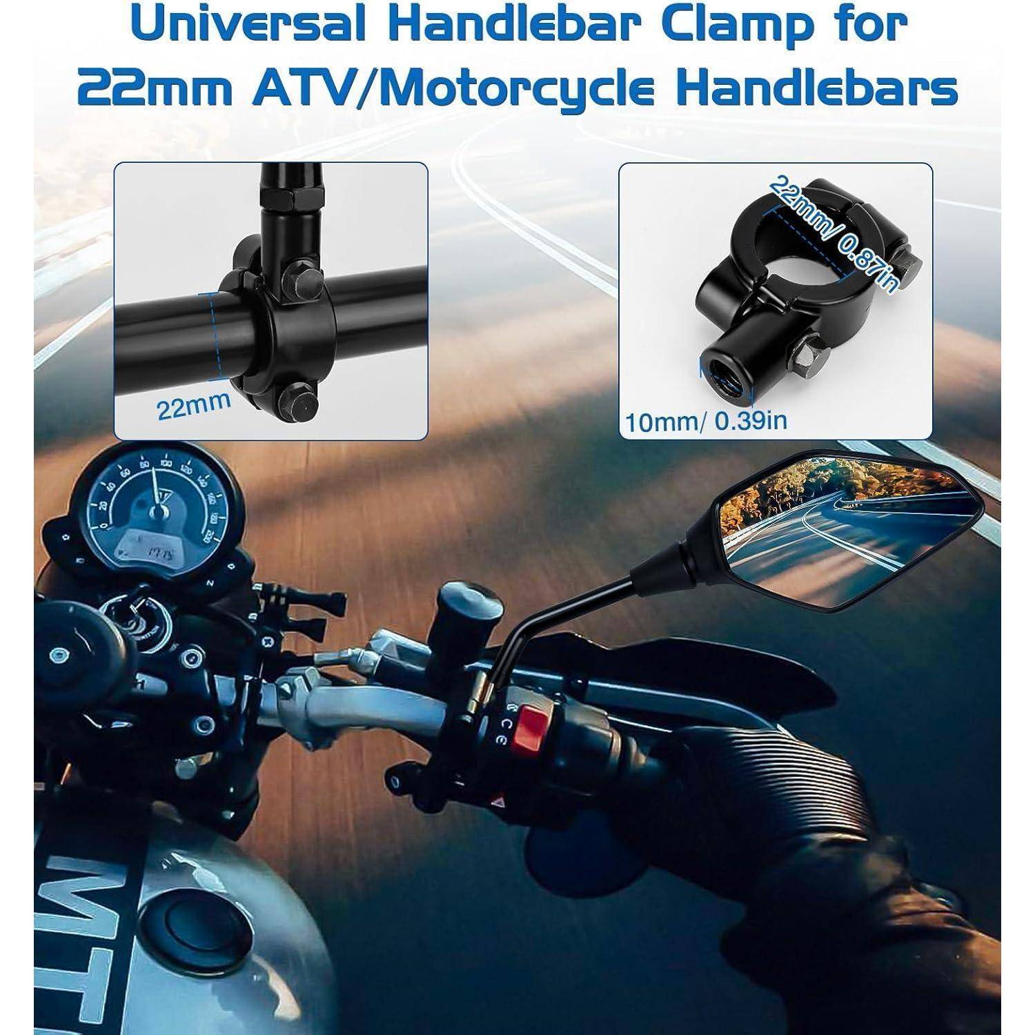 Universelle Lenkerstange-Klemme für 22mm ATV- und Motorrad-Lenker, gezeigt montiert auf einem Motorrad mit Nahaufnahmen der Klemmengröße und Einstellungsabmessungen.