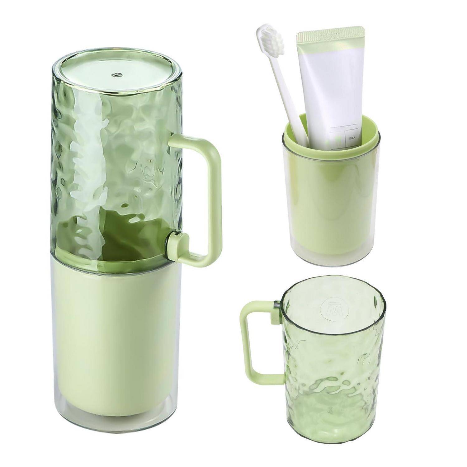 Grüner strukturierter Kunststoffbecher mit Griff und Deckel; einzeln dargestellt, mit Zahnbürstenhalter-Verwendung und offener Becheransicht.