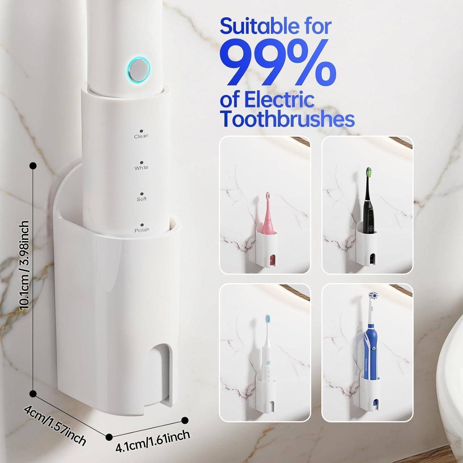 Weißer an der Wand montierter Elektrozahnbürsten-Halter mit Ladedock, passt für 99% der Elektrozahnbürsten; Abmessungen mit 10,1 cm x 4,1 cm x 4,1 cm gekennzeichnet.