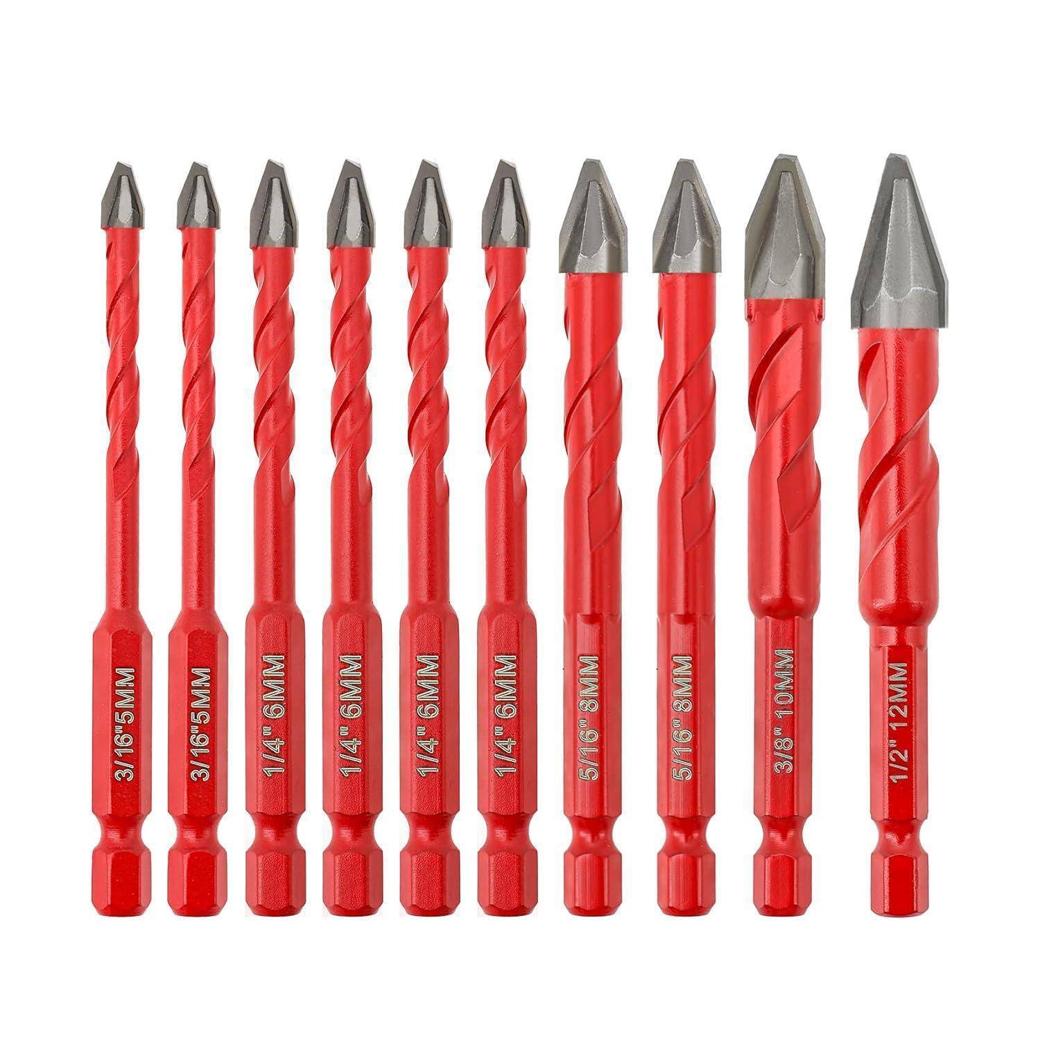 Satz von 10 roten hartmetallbestückten Steinbohrern, sortiert nach Größe, von 3/16 Zoll bis 1/2 Zoll.