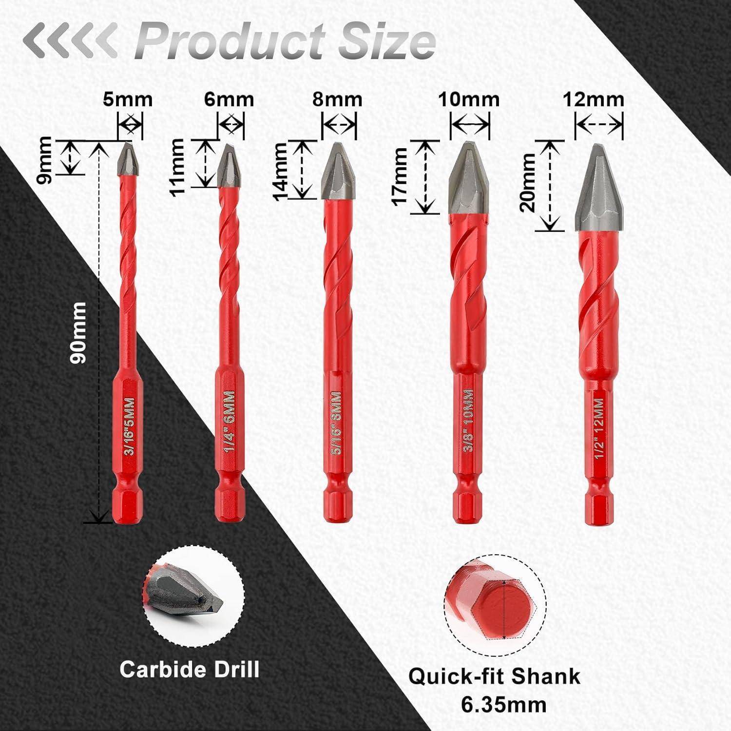 Größentabelle für das Produkt mit fünf roten Hartmetallbohrern mit Schnellspannfutter 6,35mm Schaft, beschriftet 5mm, 6mm, 8mm, 10mm und 12mm mit entsprechenden Spitzen- und Längenmessungen.