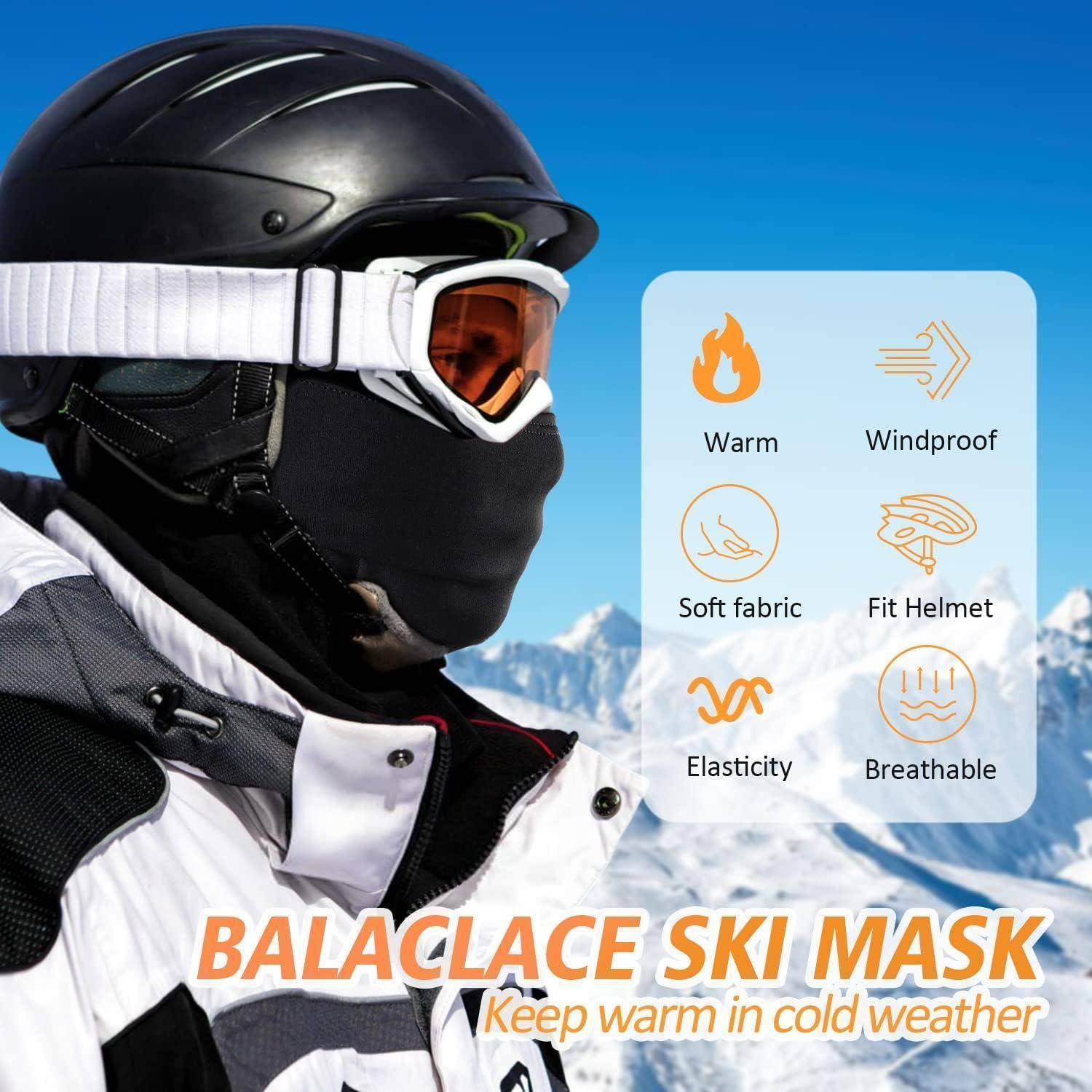 Skifahrer, der in verschneiten Bergen eine schwarze Sturmhaube und einen Helm trägt; der Anzeigentext besagt „BALACLACE SKI MASK" und hebt warmen, winddichten, weichen Stoff, Helmpassform, Elastizität und Atmungsaktivität hervor.