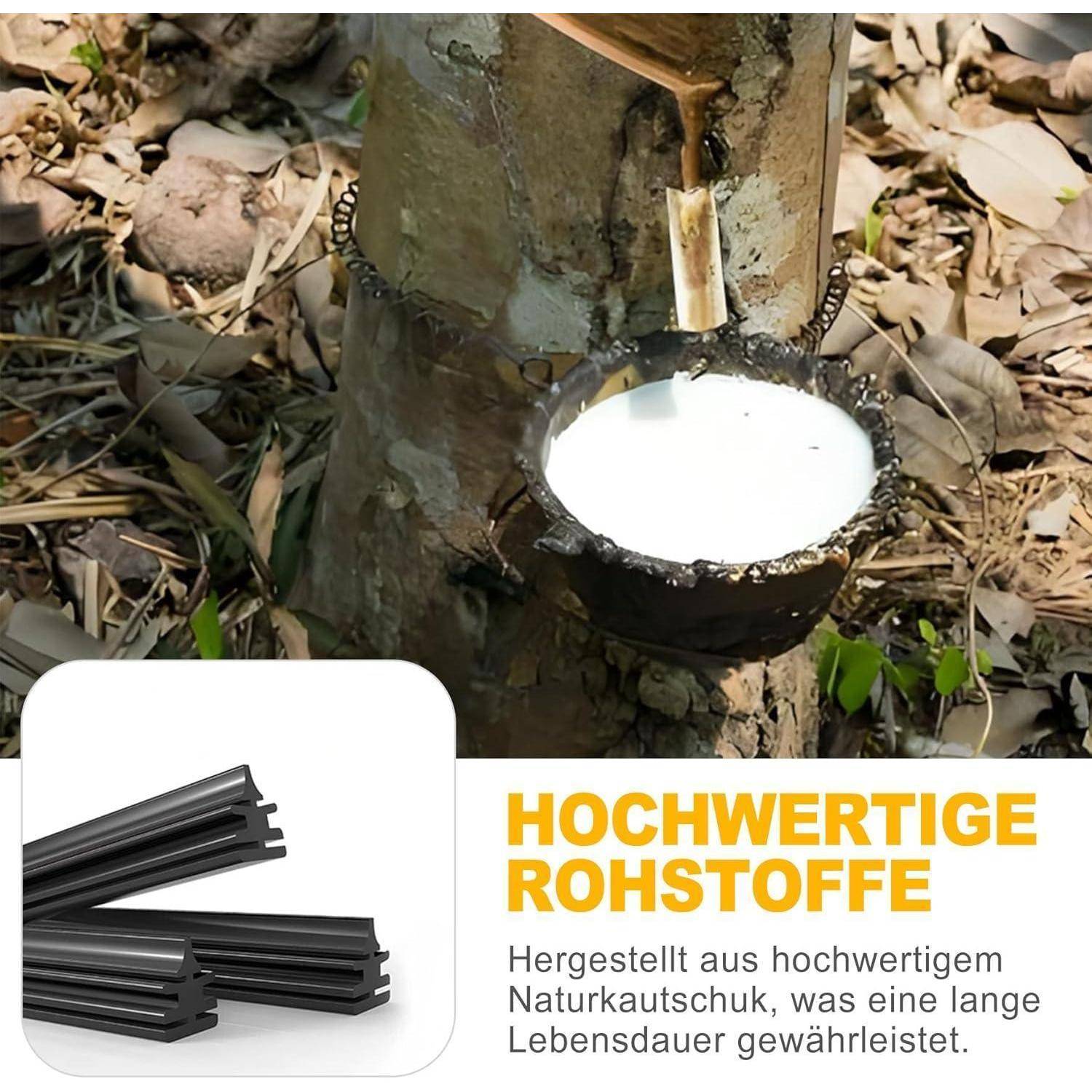 Gummisammelbecher sammelt weißen Latex von einem Baum, mit deutschem Text, der 