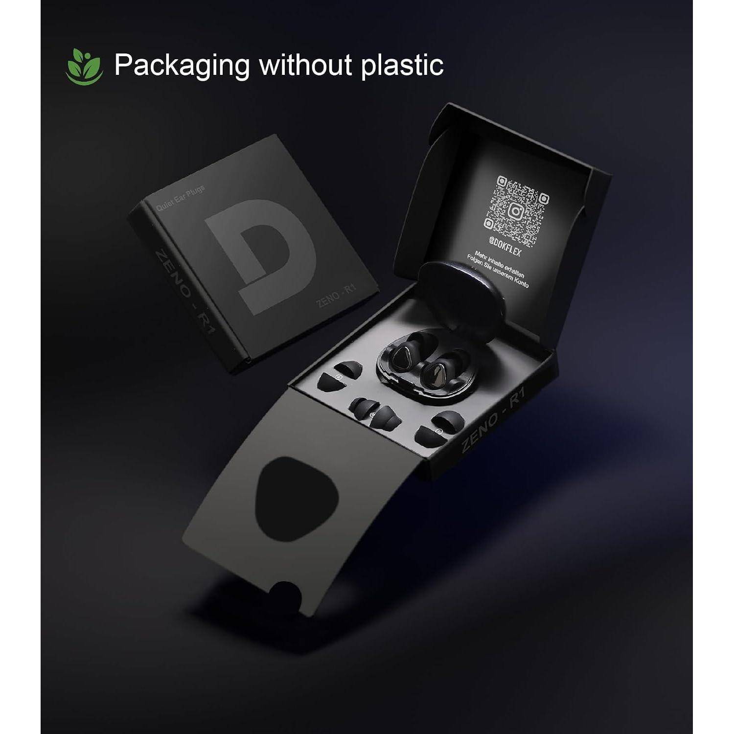 Schwarze umweltfreundliche Ohrhörer-Verpackung mit dem Label „Verpackung ohne Kunststoff