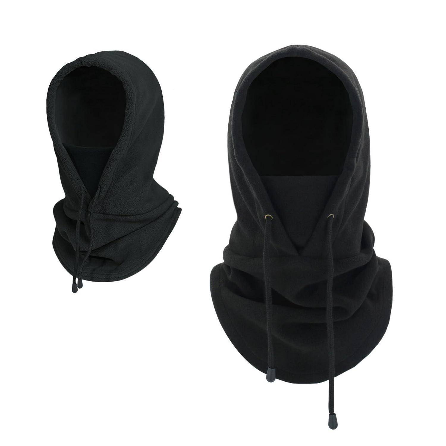 Schwarze Kopfbedeckung mit Kapuze in zwei Ansichten, mit Kordelzügen und Gaiter-ähnlichem unteren Bereich, auf weißem Hintergrund