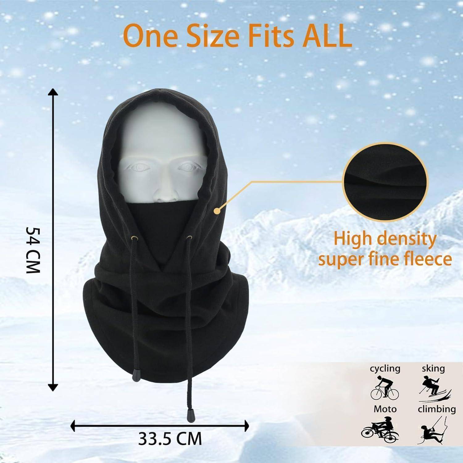 Schwarze kapuzenpullover-gesichtsbedeckung schaufensterpuppe produktbild mit aufschrift „One Size Fits ALL", 54 cm hoch und 33,5 cm breit, mit „Hochdichte super feinem fleece"" und symbolen für radfahren, skifahren, motorrad und klettern.