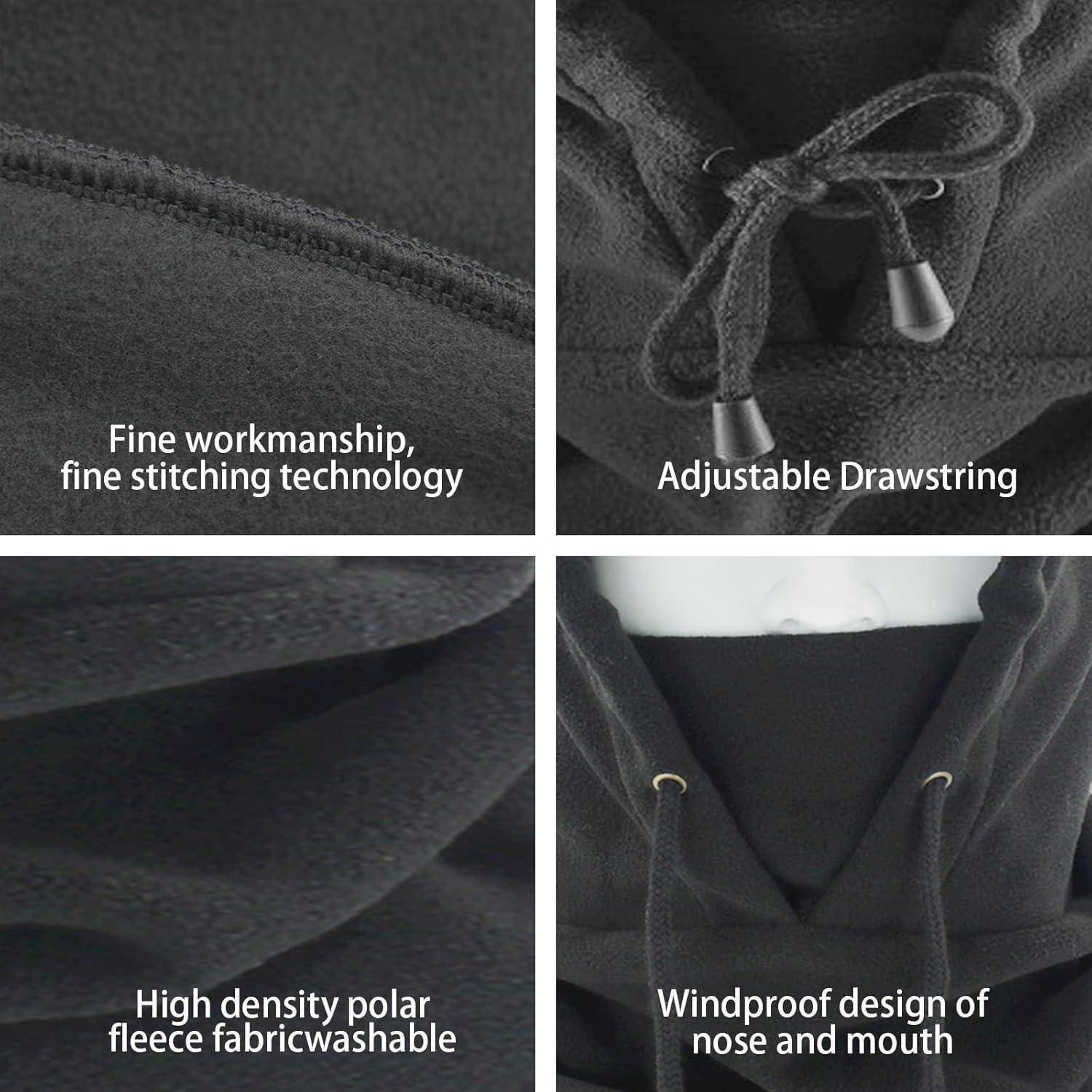 Vier Nahaufnahmen eines schwarzen Fleece-Kleidungsstücks, die feine Nähte, verstellbare Zugschnur, hochdichtes Polar-Fleece und ein winddichtes Kapuzendesign hervorheben.