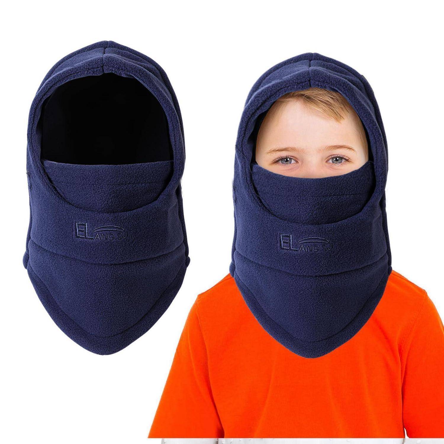 Marineblaue Fleece-Sturmhaube, einzeln abgebildet und von einem Kind getragen, die Kopf und Hals bedeckt mit nur freiliegenden Augen.
