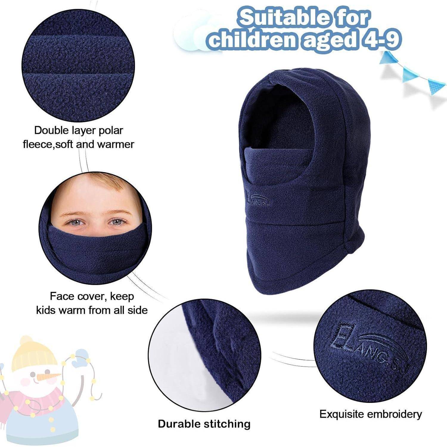 Produktbild einer dunkelblauen Gesichtsmaske für Kinder mit 'Geeignet für Kinder im Alter von 4-9 Jahren', mit Hervorhebung von doppellagigem Fleece, strapazierfähigen Nähten und Stickerei.