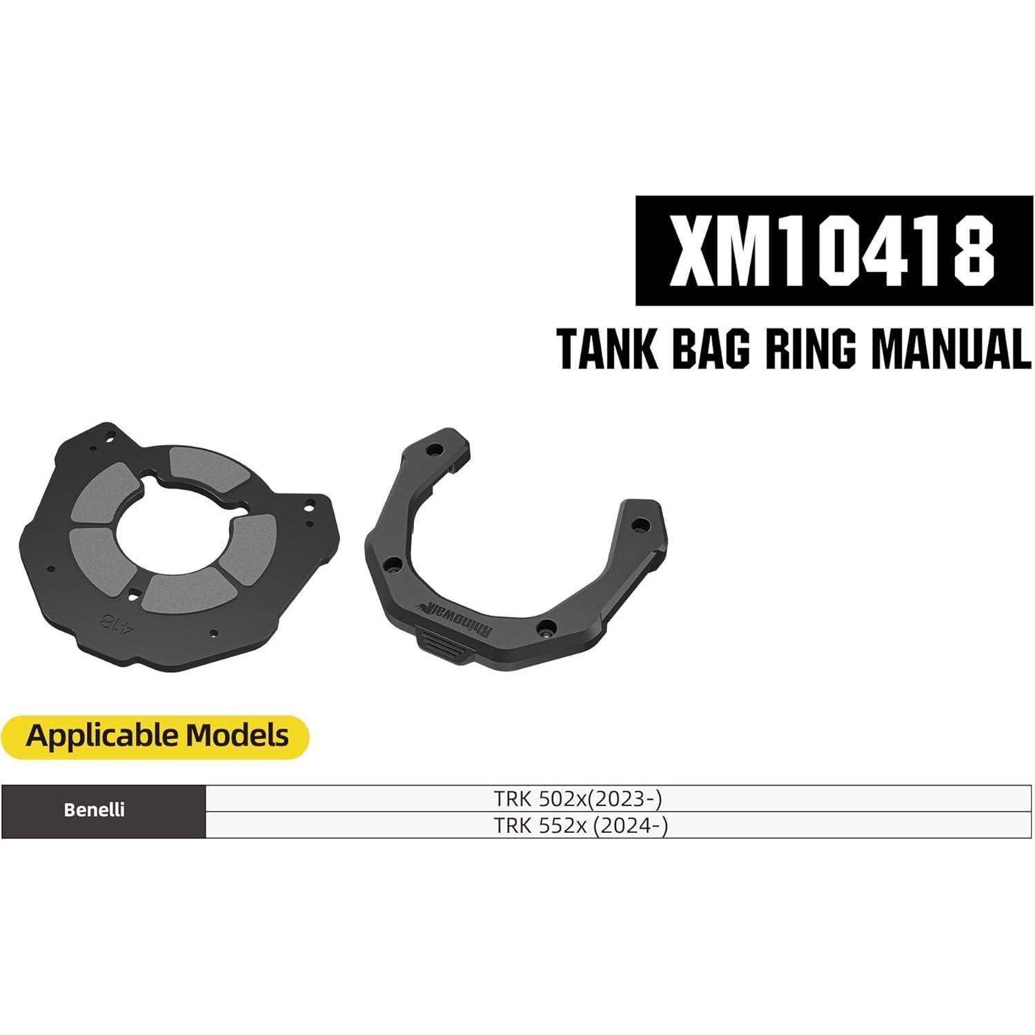 Produktabbildung mit XM10418 Tankringsatz-Anleitung mit zwei schwarzen Montagerings und anwendbar auf Benelli TRK 502x (2023-) und TRK 552x (2024-) Modelle.