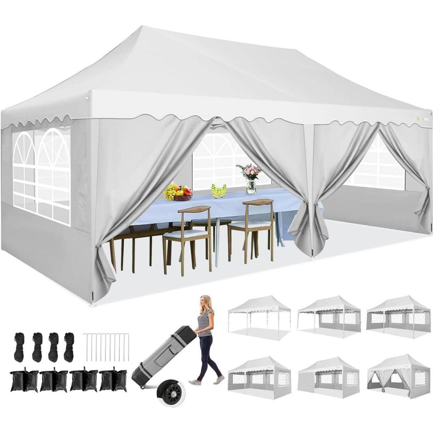 Produktbild eines weißen Pop-up-Eventzelts mit drapierte Vorhängen, gezeigt mit Tischen und Stühlen innen plus mitgelieferte Tragetasche, Rahmeneile und Aufbauoptionen.