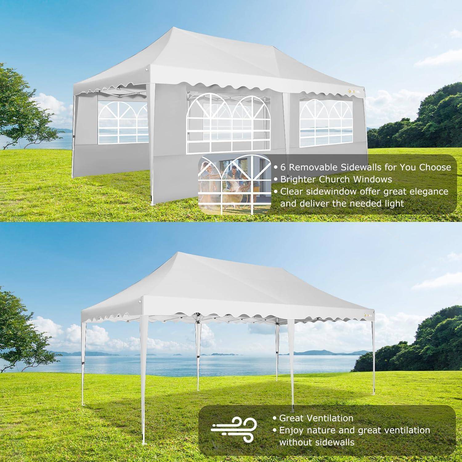 Zwei Ansichten eines weißen Outdoor-Eventpavillons auf Gras am Wasser: oben mit abnehmbaren Seitenwänden und Fenstern, unten offen für Belüftung.
