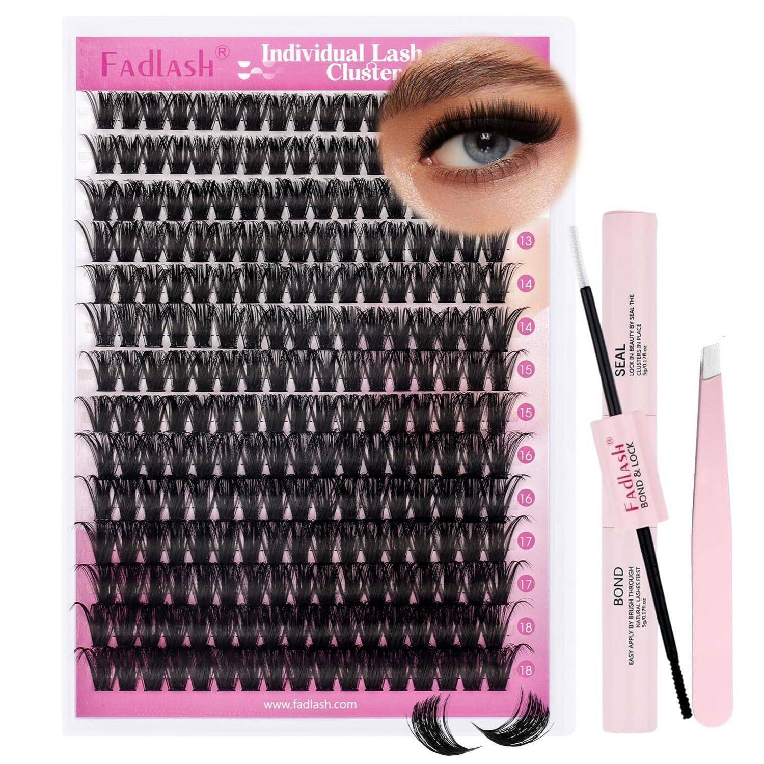 FadLash Individual Lash Cluster Kit mit Kunstwimpern-Tabletts, einer Augen-Make-up-Vorschau und SEAL/BOND-Applikatortuben und -pinseln.