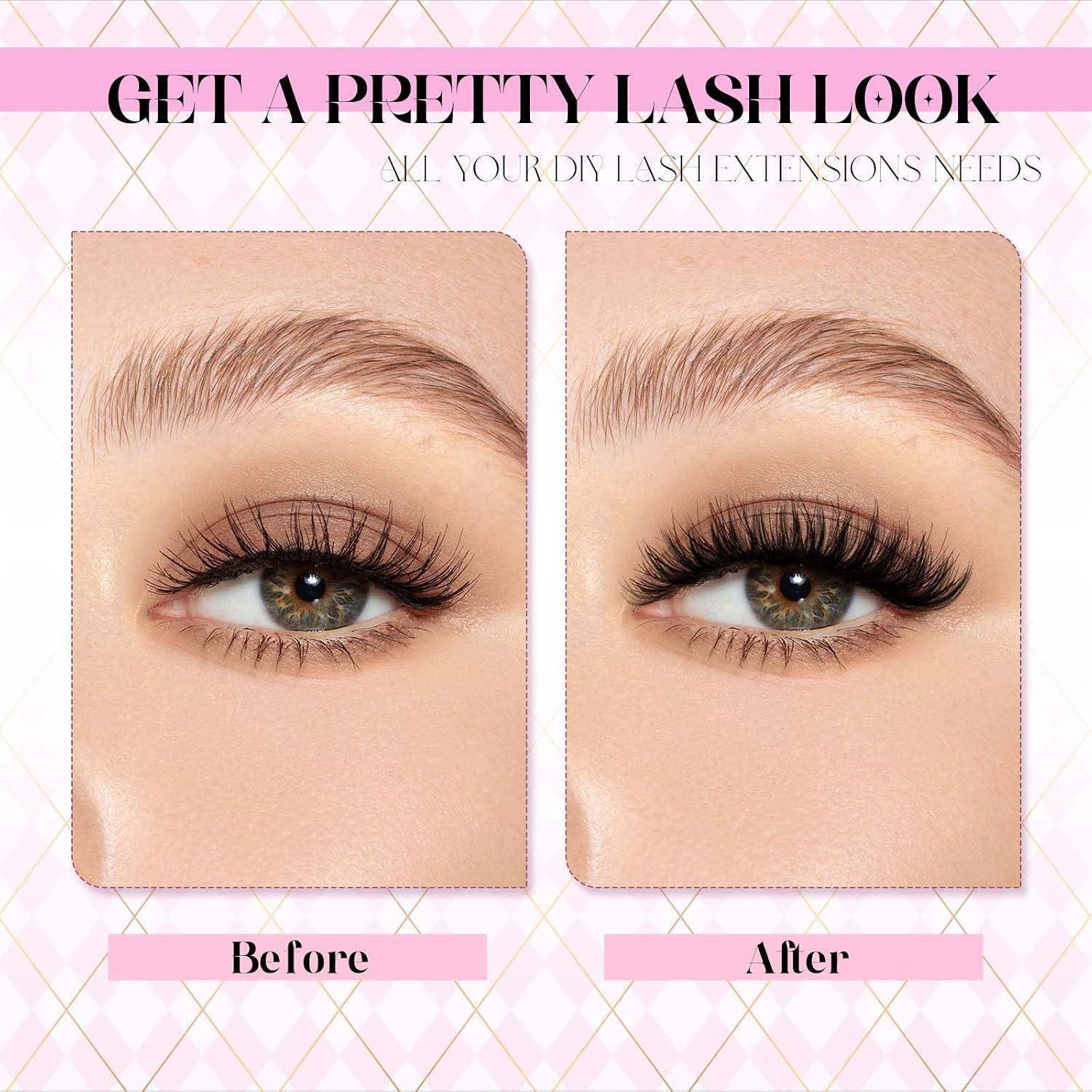 Vorher-Nachher-Vergleich eines Auges mit Wimpernverlängerungen, das einen natürlichen Wimpernlook im Vergleich zu volleren, längeren Wimpern unter dem Text 