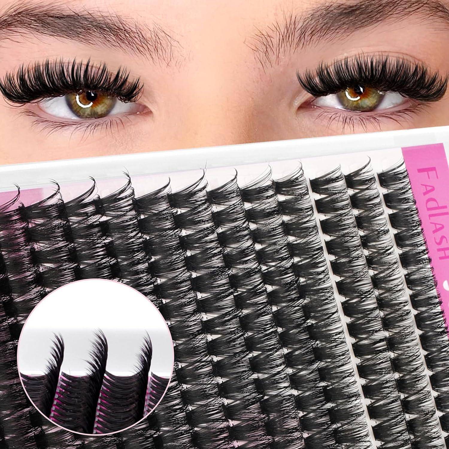 Nahaufnahme von Augen mit langen künstlichen Wimpern über einer Ausstellung von synthetischen Wimpernverlängerungen mit der Bezeichnung 