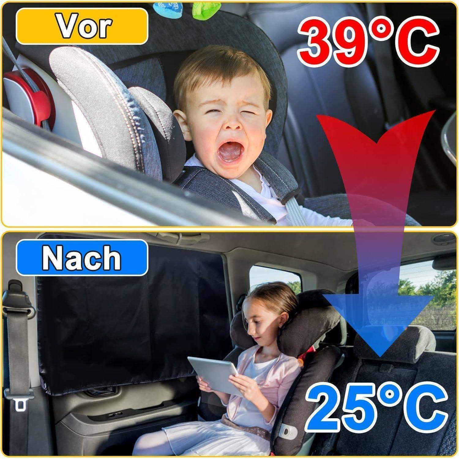 Geteiltes Bild, das ein Kind vor und nach der Verwendung einer Autosonnenschutzvorrichtung zeigt: vorher ein weinendes Kleinkind in einem heißen Auto bei 39°C; nachher ein ruhiges Kind in einem kühleren Auto bei 25°C, das auf einem Tablet liest.