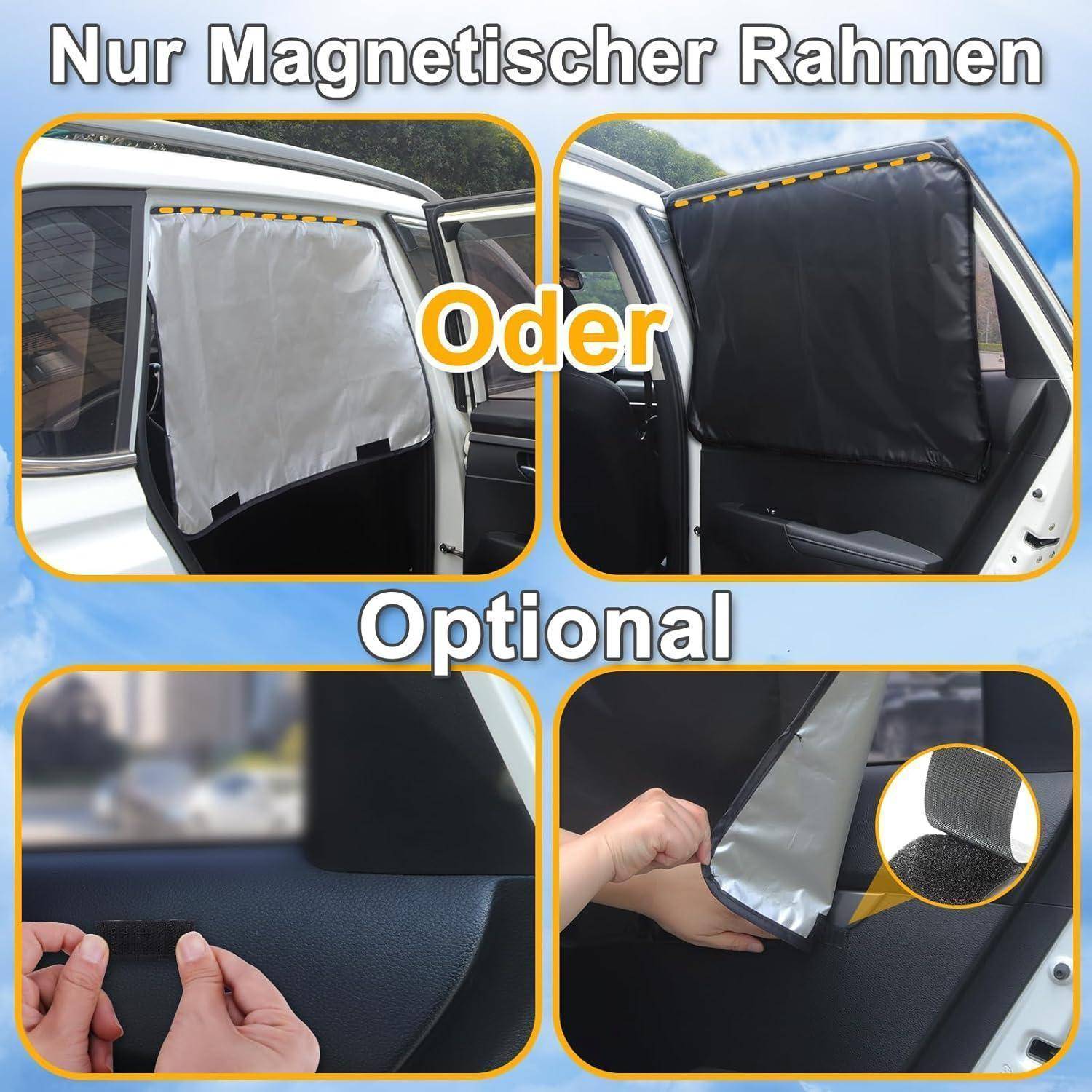 Collage, das einen magnetischen Autofenster-Sonnenschutz zeigt, mit weißen oder schwarzen Paneelen, die an einem Fahrzeugfenster angebracht sind, und Hände, die die einfache Installation demonstrieren.