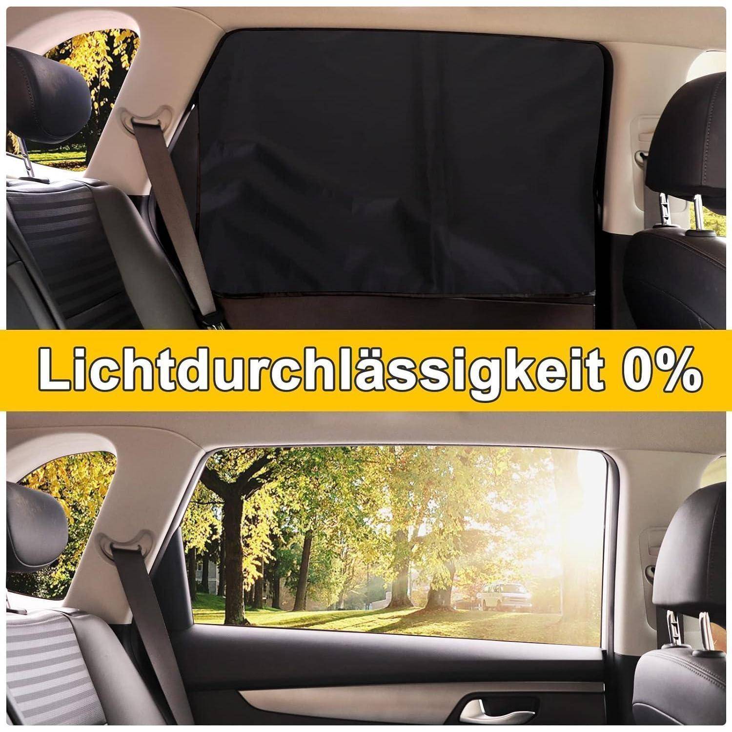 Hinteres Autofenster, das von einem schwarzen Panel mit der Bezeichnung "Lichtdurchlässigkeit 0%"" abgedeckt ist, oben völlig blockiert dargestellt und sonniges Landschaftspanorama sichtbar durch das Fenster unten.