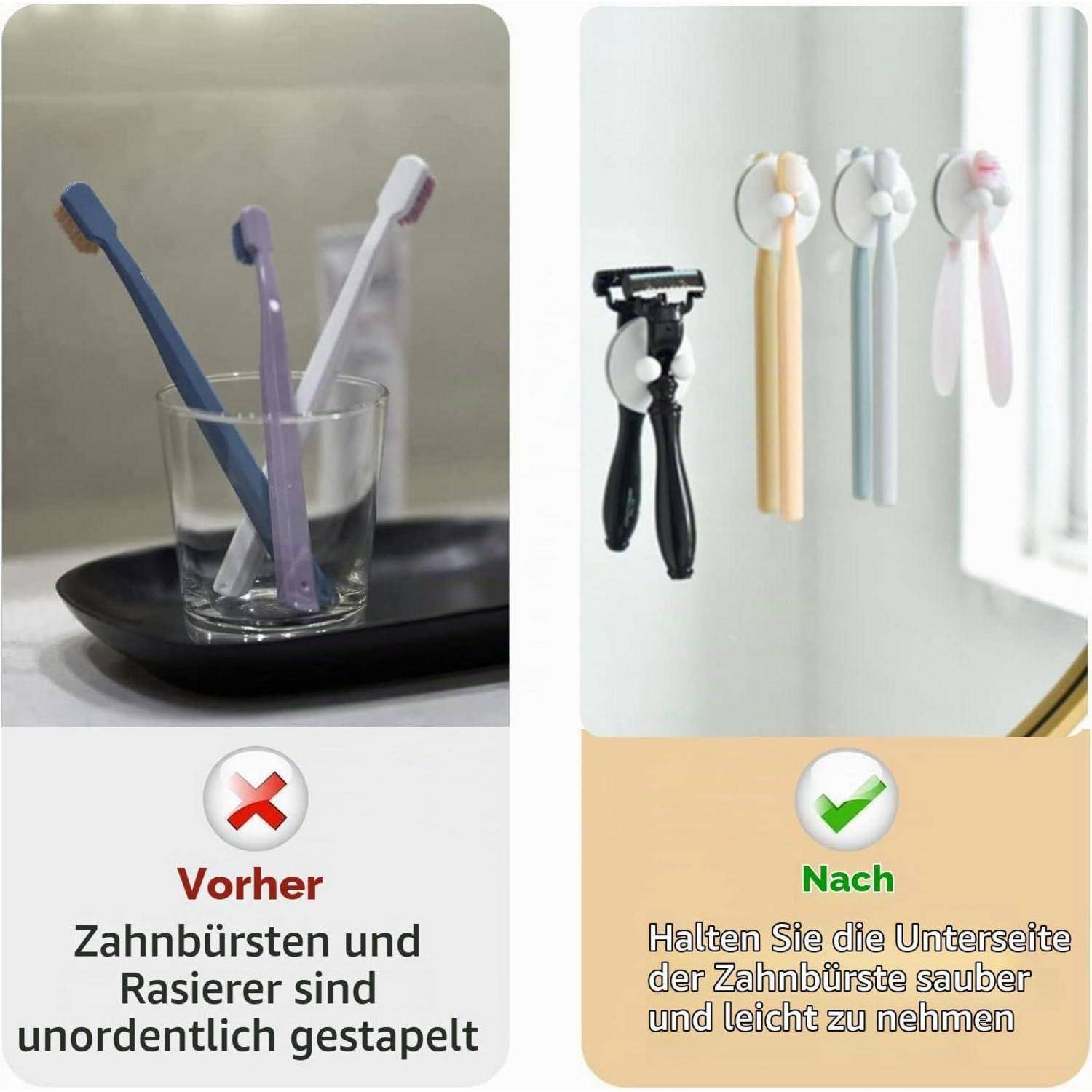Vorher-und-Nachher-Grafik, die Zahnbürsten und einen Rasierer unordentlich in einem Glas gelagert versus ordentlich an Wandhaken aufgehängt zeigt für sauberer, einfacheren Zugriff.