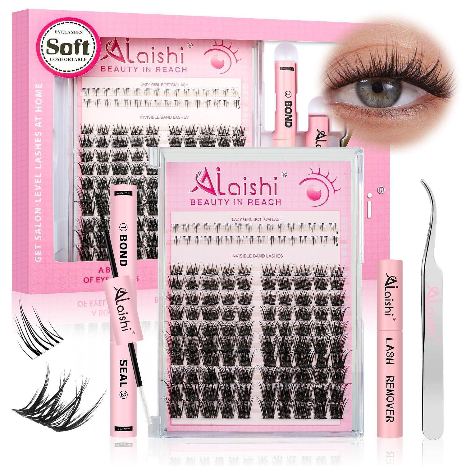 Pink Alishi Wimpernverlängerungs-Set-Verpackung mit Wimpernpaletten, Bond, Seal, Entferner, Applikator und Nahaufnahme des Auges mit langen künstlichen Wimpern.