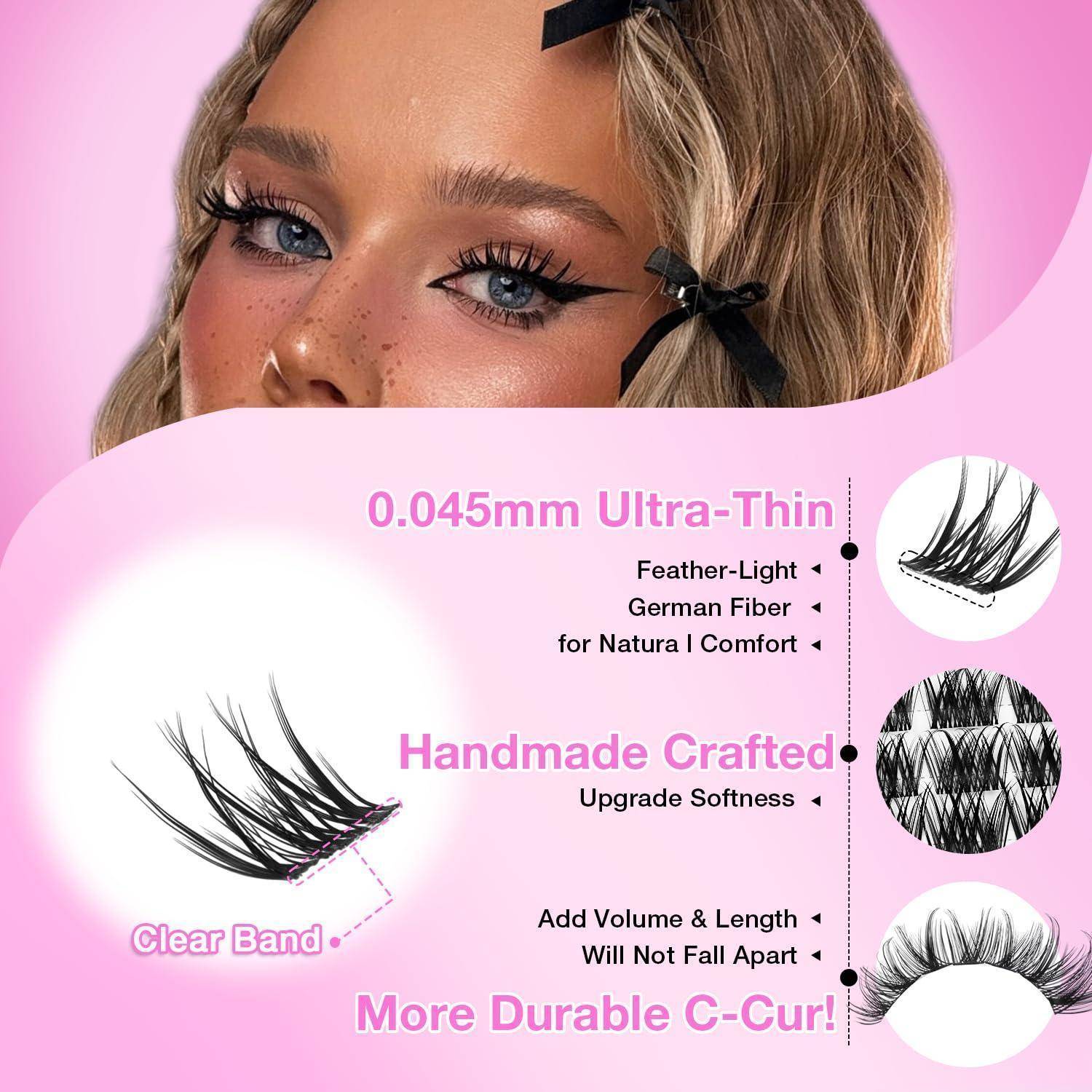 Werbegrafik für künstliche Wimpern im Gesicht einer Frau, die „0,045mm Ultra-Dünn